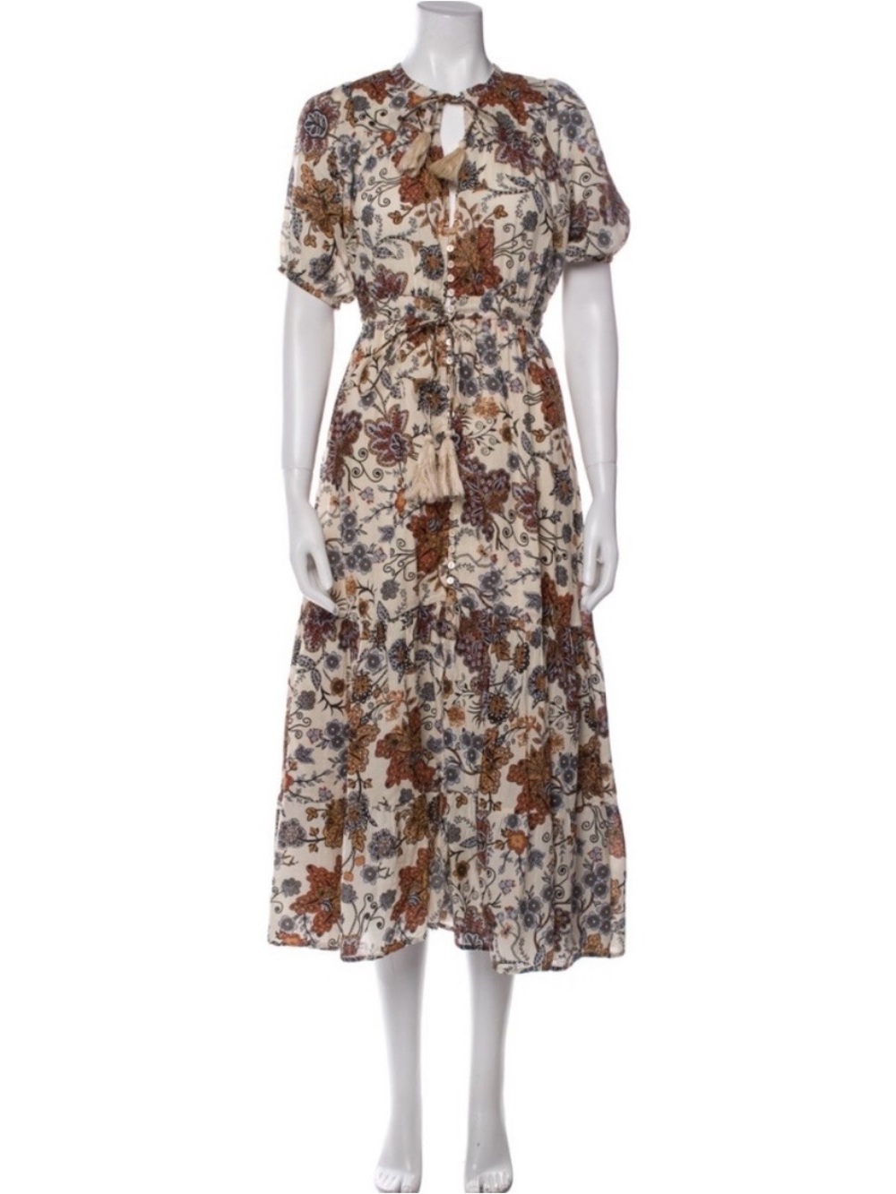 Saks Fifth Ave cream boho floral ruffle tassel tie dress